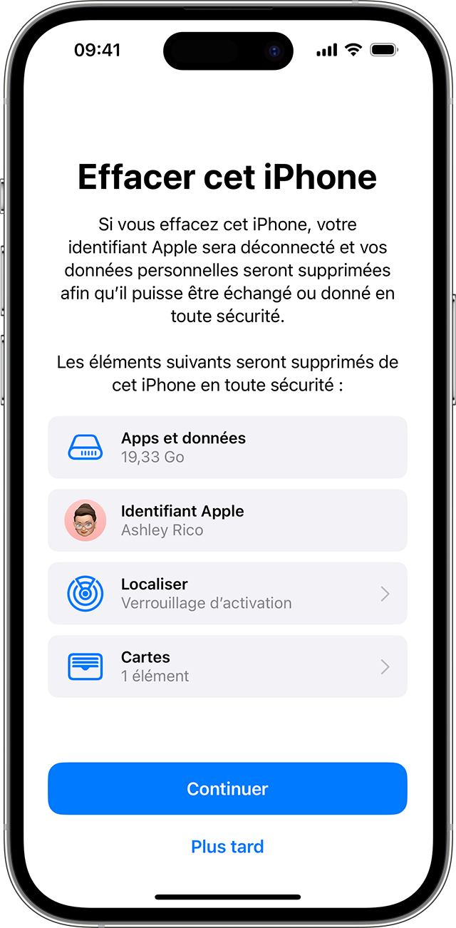 Confirmer que vous souhaitez effacer les données de votre appareil