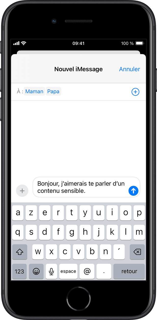 Sécurité des communications invite votre enfant à envoyer un message à un adulte de confiance.