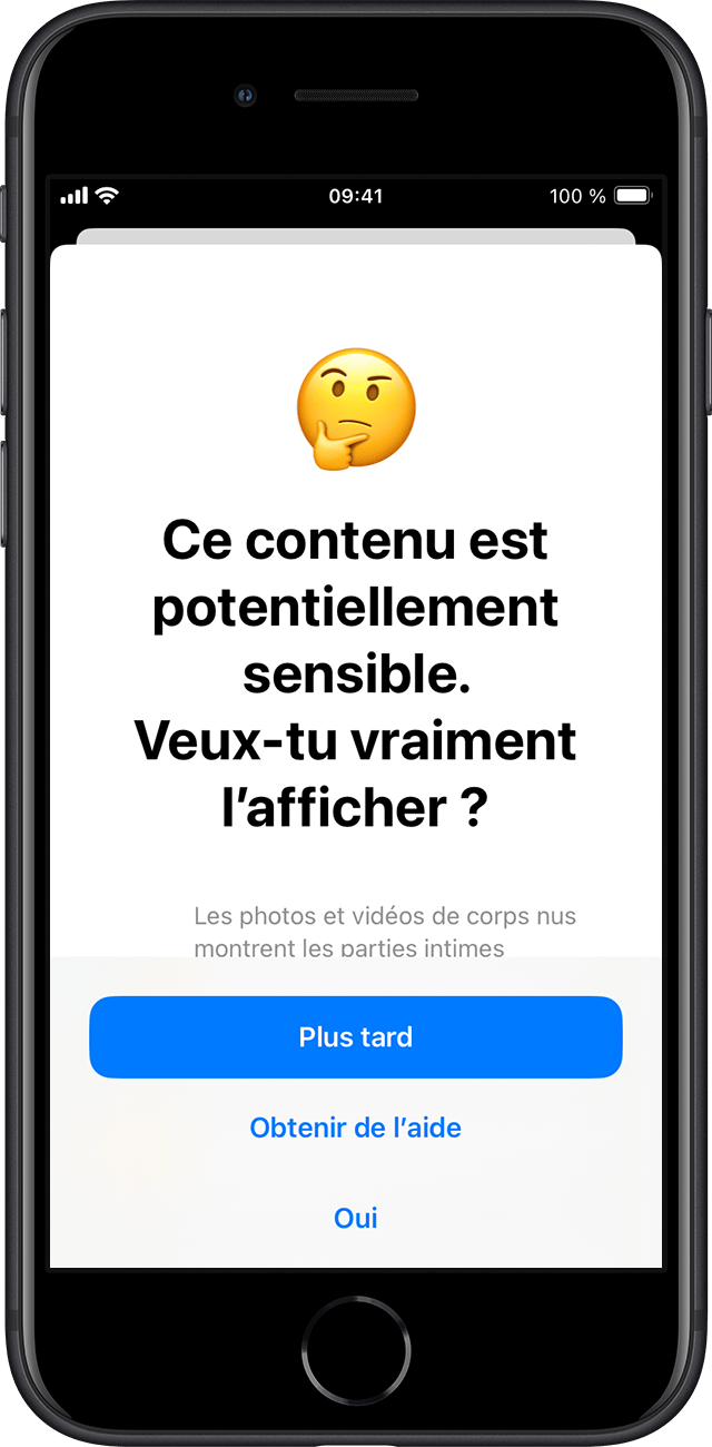 Sécurité des communications s’assure que l’enfant souhaite afficher le contenu potentiellement sensible et propose des moyens d’obtenir de l’aide.