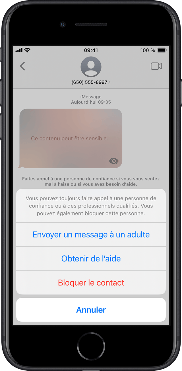 Lorsque votre enfant reçoit une image ou une vidéo qui semble contenir de la nudité, Sécurité des communications brouille le message et fournit de l’aide.