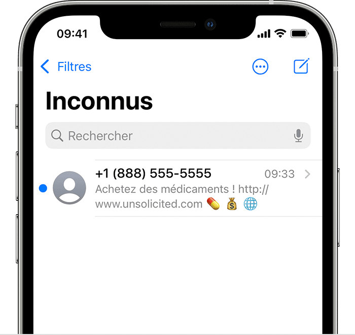 iPhone indiquant où les messages filtrés provenant d’expéditeurs inconnus sont affichés