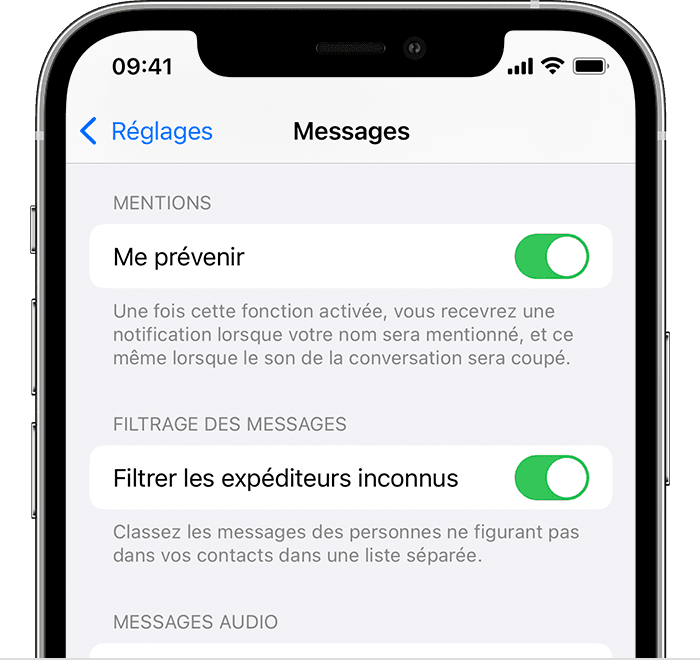 Écran d’iPhone indiquant que le réglage Filtrer les expéditeurs inconnus est activé