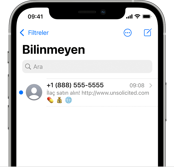 Bilinmeyen gönderenlerden gelen ve filtrelenen iletilerin nerede görüntülendiğini gösteren iPhone