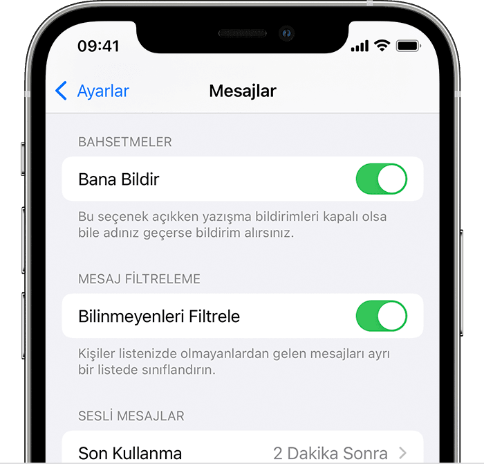 Bilinmeyenleri Filtrele özelliğinin açık olduğunu gösteren iPhone ekranı