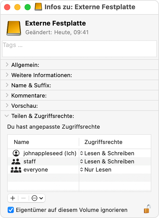Infofenster für externes Laufwerk mit ausgewählter Option „Eigentümer auf diesem Volume ignorieren“