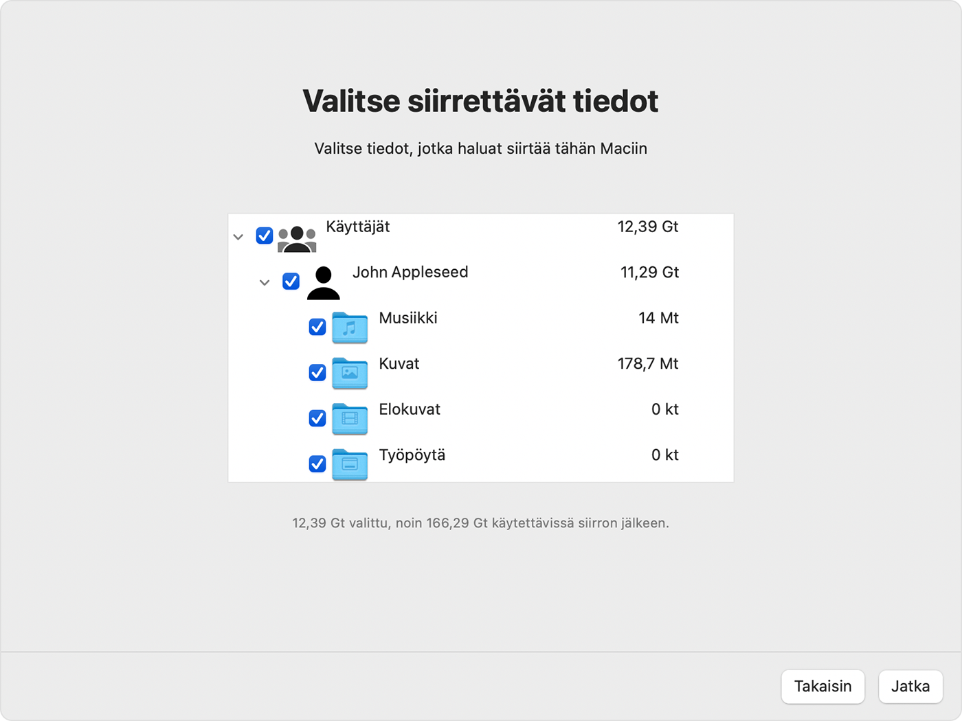 Siirtymisapuri Macissa: Valitse siirrettävät tiedot