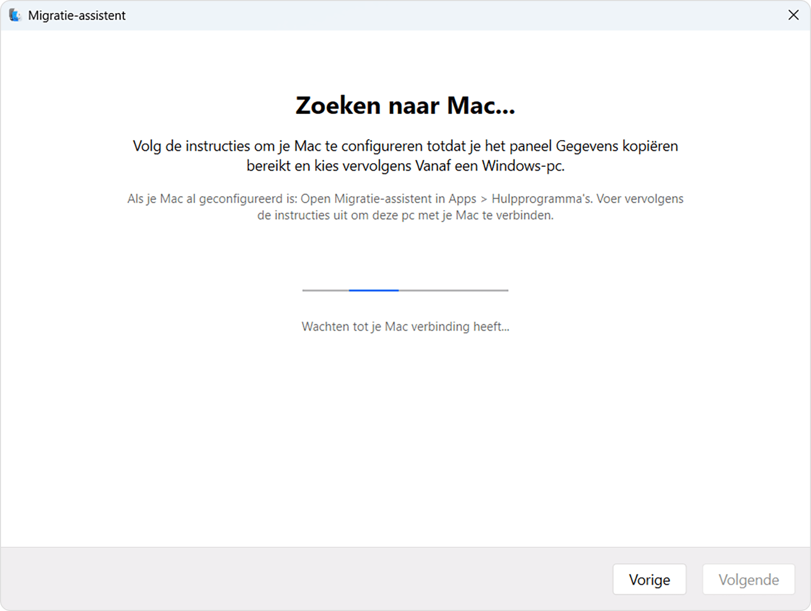 Migratie-assistent op pc: zoeken naar Mac...