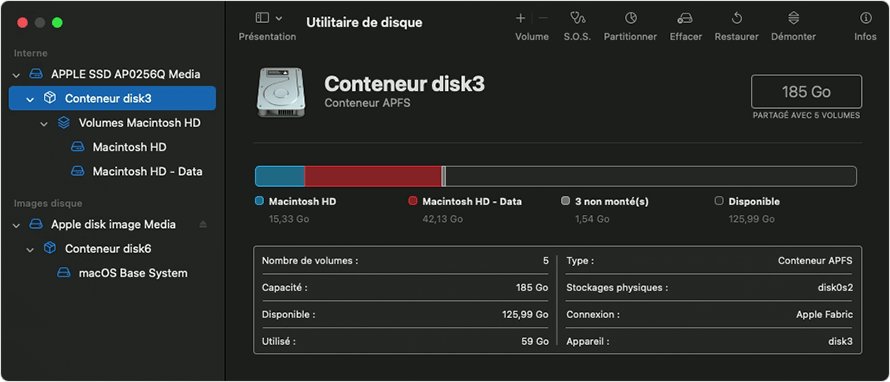 Utilitaire de disque : conteneurs et volumes