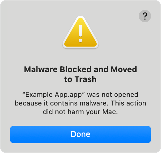 An alert that an app containing malware was blocked from opening and has been moved to Recycle Bin.