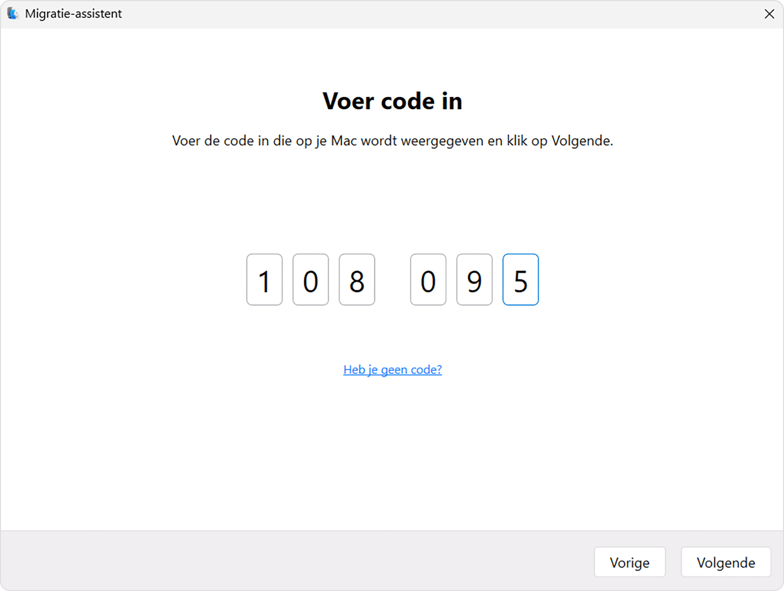 Migratie-assistent op pc: voer code in