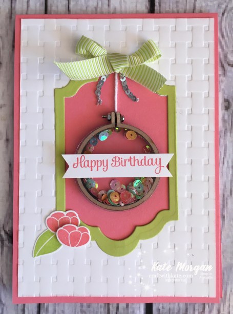 Embroidery hoop shaker card using Sweet Soiree, Basket Weave TIEF, Stampin Up Occasions 2018 by Kate Morgan, Independent Demonstator, Australia.