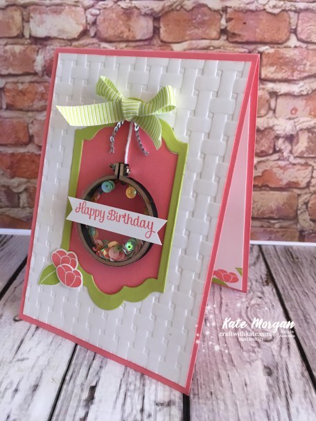 Embroidery hoop shaker card using Sweet Soiree, Basket Weave TIEF, Stampin Up Occasions 2018 by Kate Morgan, Independent Demonstator, Australia