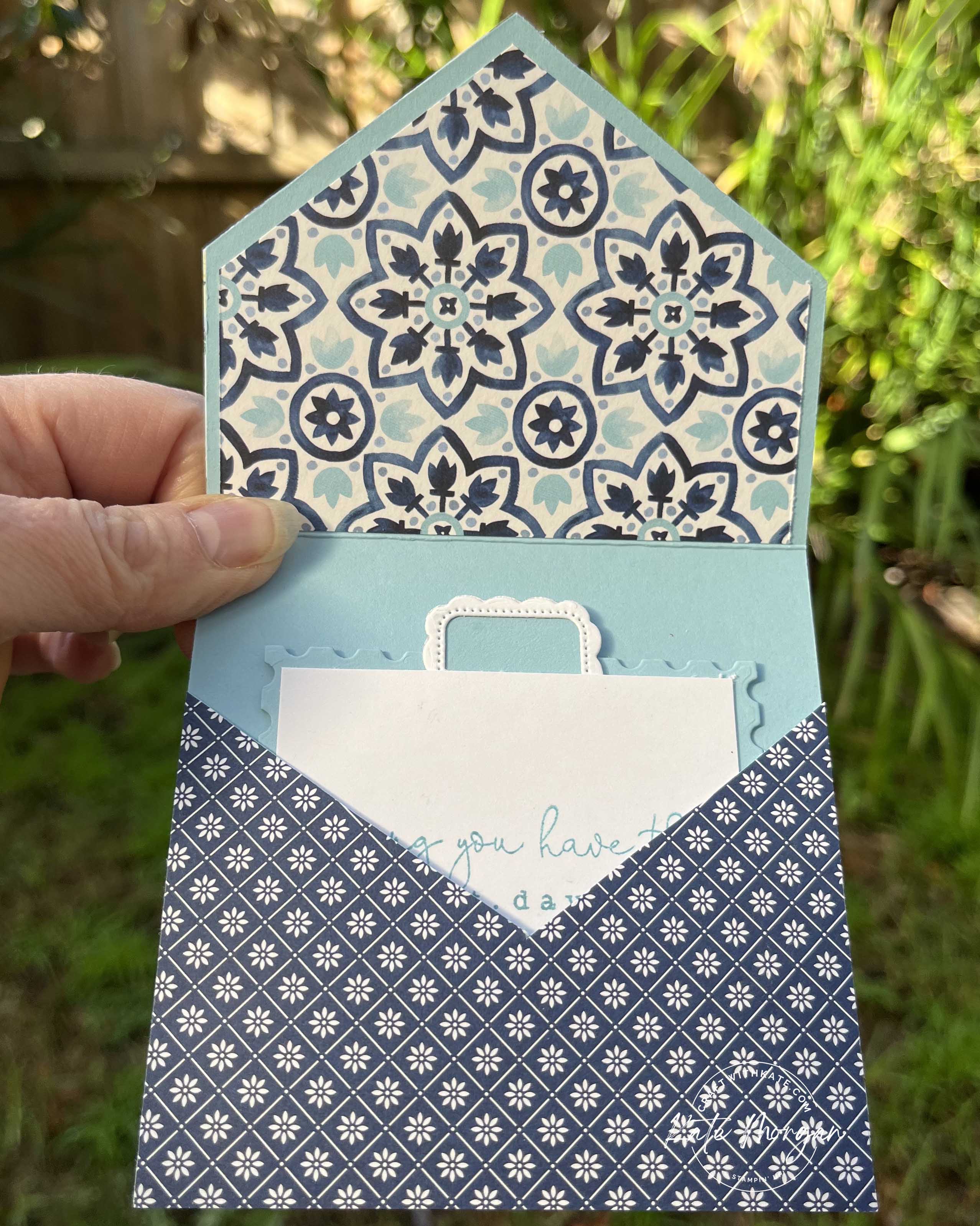 Pocket card or Gift card envelope with Mediterranean Blooms for Balmy Blue Colour Creations blog hop by Kate Morgan, Stampin Up Australia 2024 open