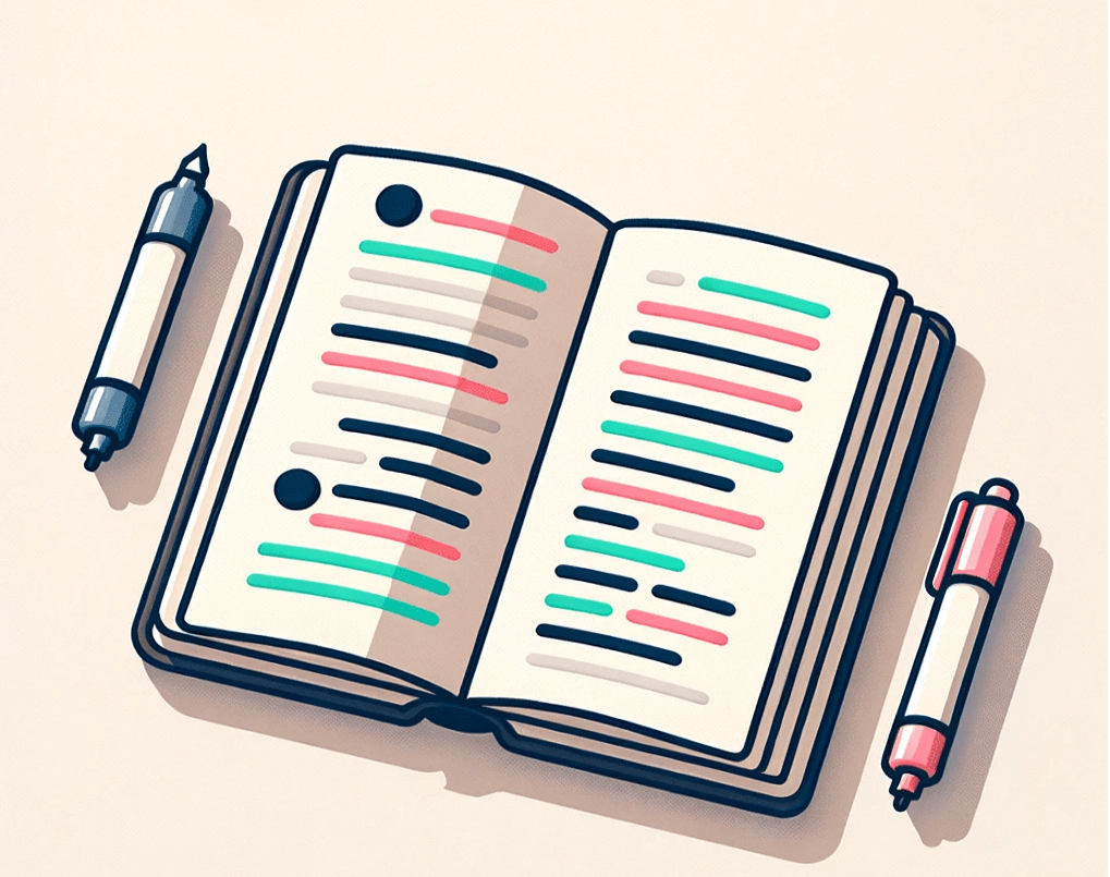 Illustration of a book with text highlighted in different colors