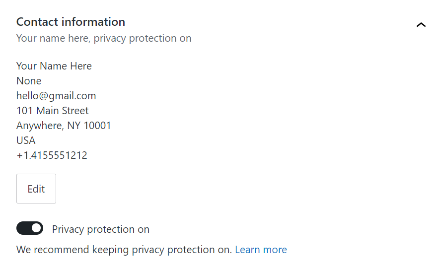 The contact Information component of the domain settings screen.