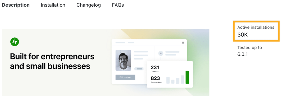 The Jetpack CRM plugin's description section with a box drawn around the number of active installations of the plugin. 