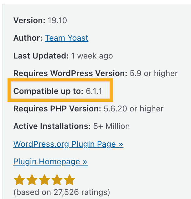 The Plugin details page with a box drawn around the "Compatible up to:" section. 