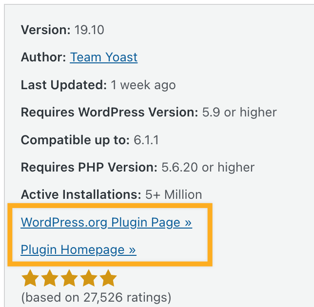 The Plugin details page with a box drawn around the links to the WordPress.org plugin page and the Plugin Homepage. 