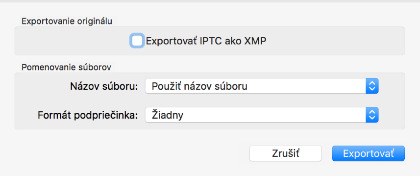 Dialógové okno Exportovanie originálu znázorňujúce možnosti exportu.