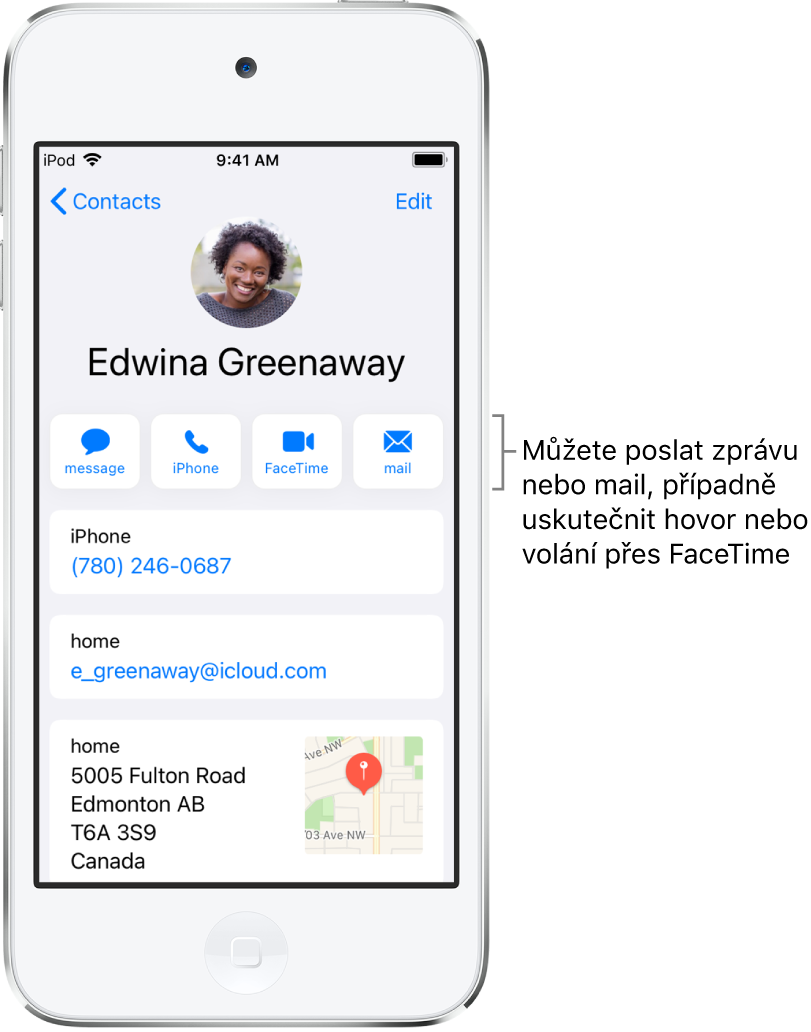Informační obrazovka kontaktu. Nahoře se zobrazuje fotka a jméno kontaktu. Pod ním se nacházejí tlačítka pro zaslání zprávy, zahájení telefonního hovoru, zahájení hovoru FaceTime a zaslání e-mailové zprávy. Pod tlačítky jsou uvedeny kontaktní údaje