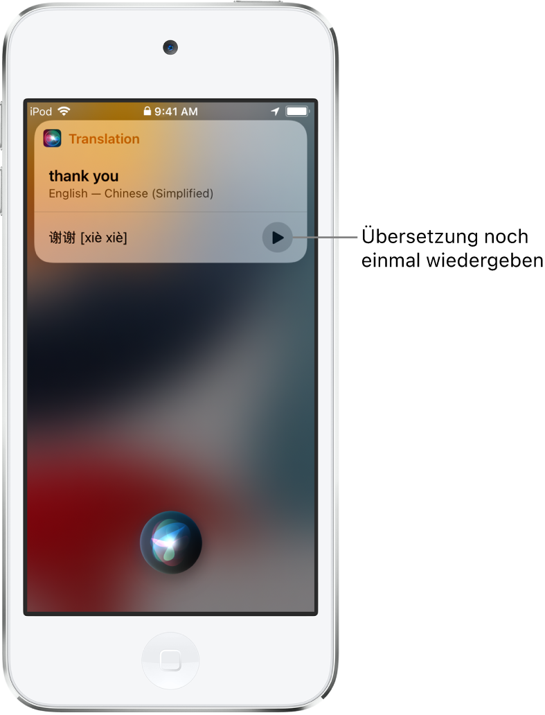 Siri zeigt eine Übersetzung des englischen Ausdrucks „thank you“ in Mandarin an. Mit der Taste rechts von der Übersetzung kann die Audioausgabe der Übersetzung gestartet werden.