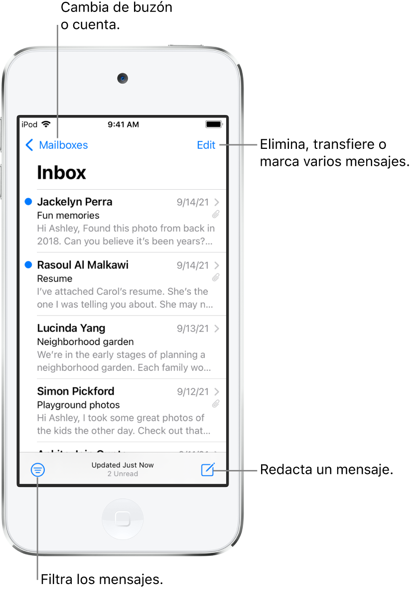 El buzón de entrada mostrando una lista de correos electrónicos. El botón Buzones para cambiar a otro buzón está en la esquina superior izquierda. El botón Editar para eliminar, mover o marcar correos está en la esquina superior derecha. El botón para filtrar correos está en la esquina inferior izquierda. El botón para redactar un correo nuevo está en la esquina inferior derecha.