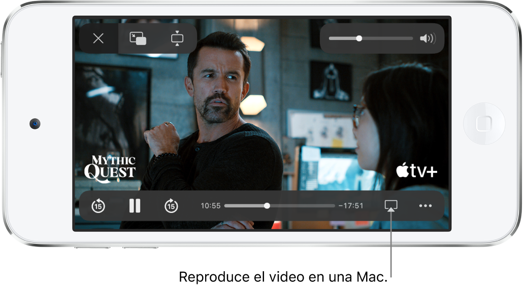 Una película reproduciéndose en la pantalla del iPod touch. En la parte inferior de la pantalla están los controles de reproducción, que incluyen el botón AirPlay cerca de la esquina inferior derecha.