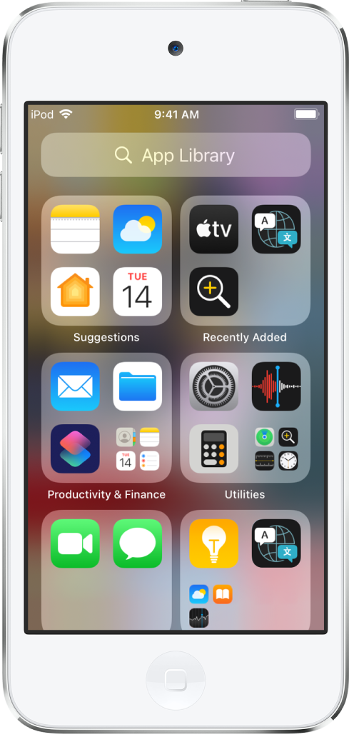 La bibliothèque d’apps sur l’iPod touch avec les apps organisées par catégorie (Suggestions, « Ajouts récents », Utilitaires, etc.).