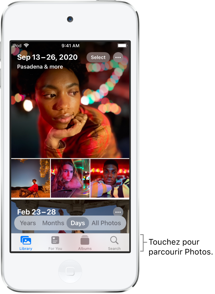 La présentation Jours de la photothèque est affichée. Une sélection de vignettes de photos remplit l’écran. En haut à gauche de l’écran se trouvent la date et l’emplacement des photos prises. En haut à droite se trouvent les boutons Sélectionner et « Plus d’options ». Sous les vignettes se trouvent des options de présentation de la photothèque : Années, Mois, Jours et « Toutes les photos ». Les boutons Photothèque, « Pour vous », Albums et Rechercher figurent en bas de l’écran.