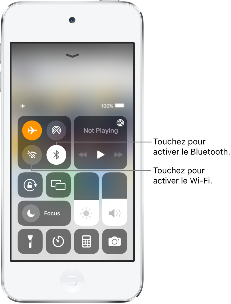 Centre de contrôle avec le mode Avion activé. Les boutons pour activer le Wi-Fi et le Bluetooth se trouvent près de l’angle supérieur gauche du centre de contrôle.