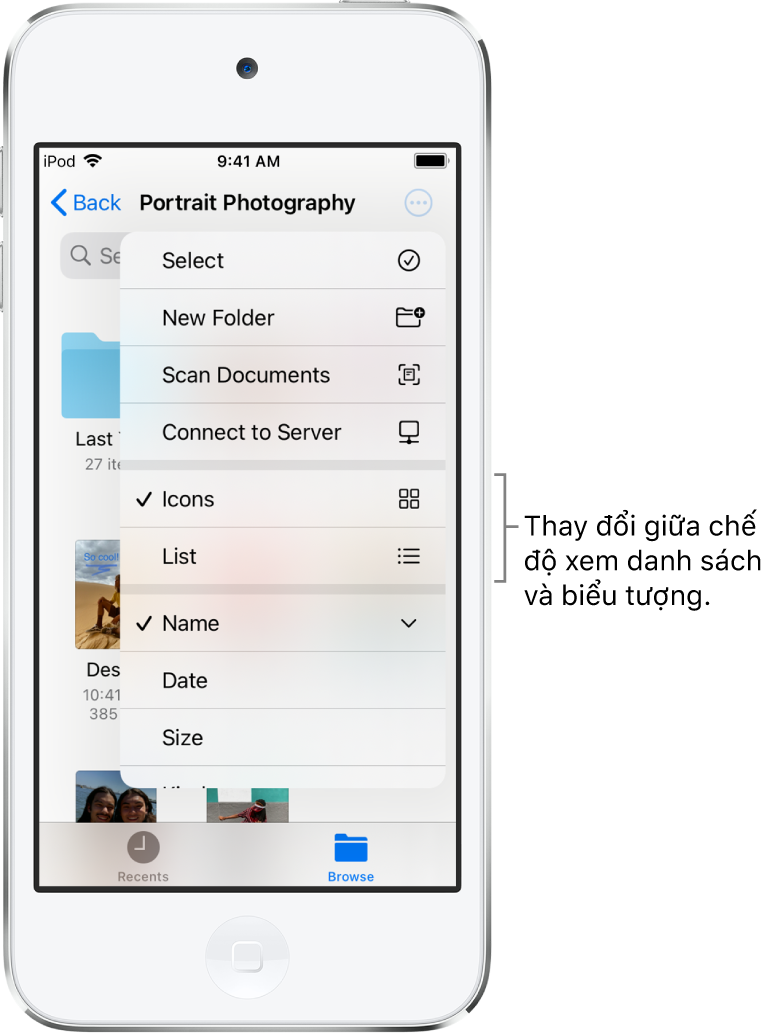 Vị trí trên iCloud Drive cho các tệp Nhiếp ảnh. Các mục được sắp xếp theo tên và có một thư mục có tên Tu sửa nhà gỗ và sáu tài liệu: Desert Stop, Karen Blue, Lakeside, Leafy Shadows, Mark Flip và Susan Green. Một nút để thay đổi giữa chế độ xem danh sách và biểu tượng xuất hiện gần phía trên bên phải.