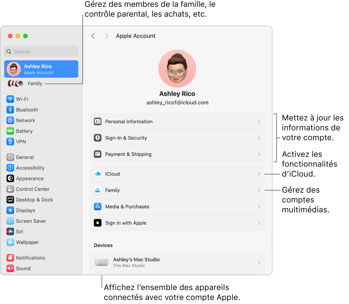 Réglages du compte Apple dans « Réglages Système » avec des légendes pour la mise à jour des informations du compte, l’activation ou la désactivation des fonctionnalités iCloud, la gestion des comptes multimédias, et Famille, où vous pouvez gérer les membres de votre famille, le contrôle parental, les achats, et plus encore.