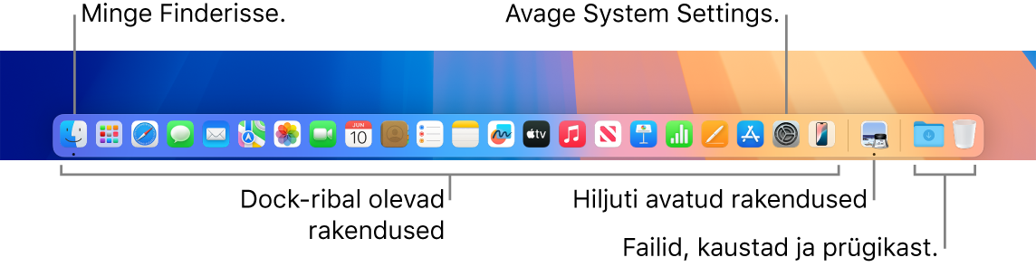 Dock-ribal on Finder, System Settings ning eraldaja, mis eraldab rakendusi failidest ja kaustadest.