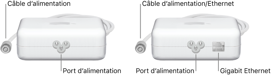 Un adaptateur secteur sans port Ethernet et un adaptateur secteur avec un port Ethernet.