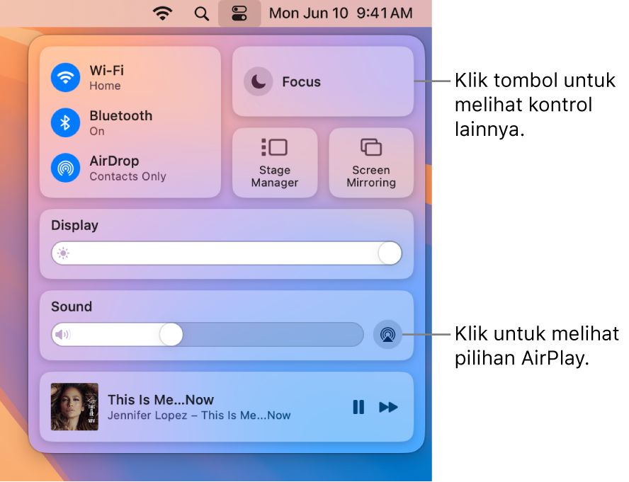 Tampilan Pusat Kontrol yang diperbesar di Mac Anda.