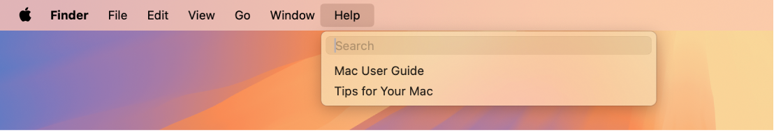 Uma mesa parcial com o menu Ajuda aberto, mostrando as opções de menu Buscar e Ajuda macOS.