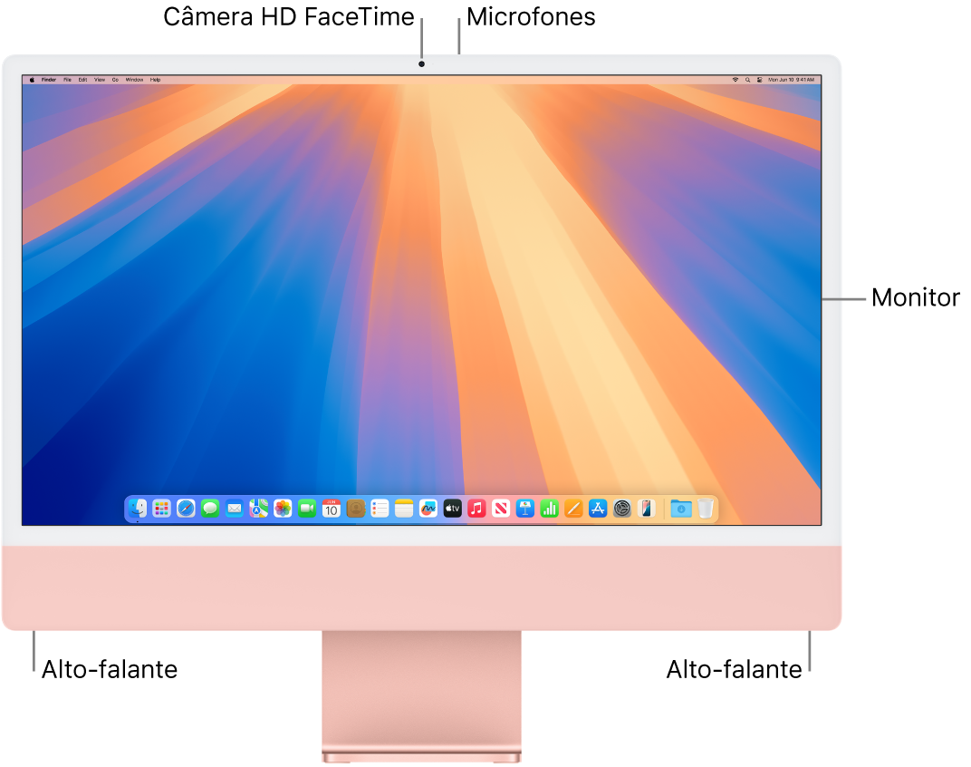 Vista frontal iMac mostrando a tela, câmera, microfones e alto-falantes.