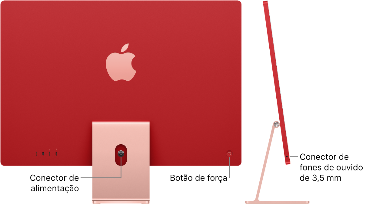 Visualização da parte traseira do iMac mostrando o conector de alimentação e o botão de força. Ao lado, uma vista lateral mostrando o conector de fones de ouvido.