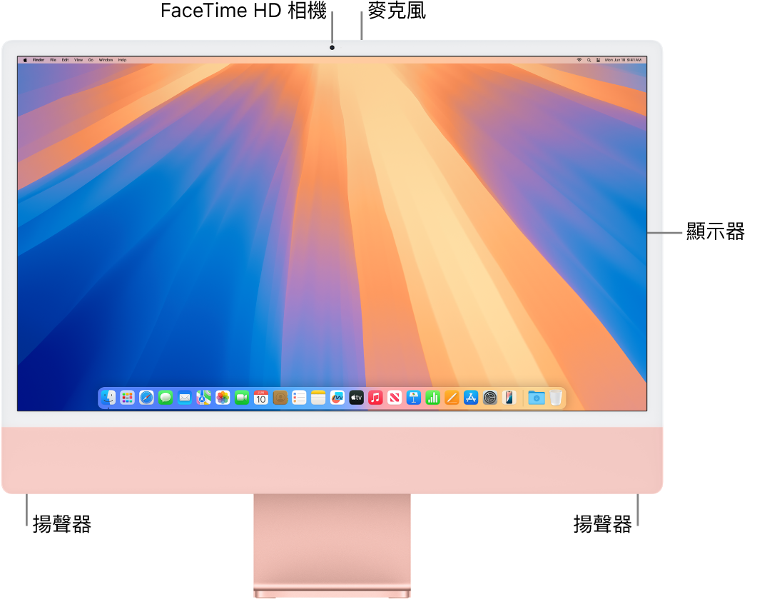 iMac 的正面，顯示螢幕、相機、麥克風和揚聲器。