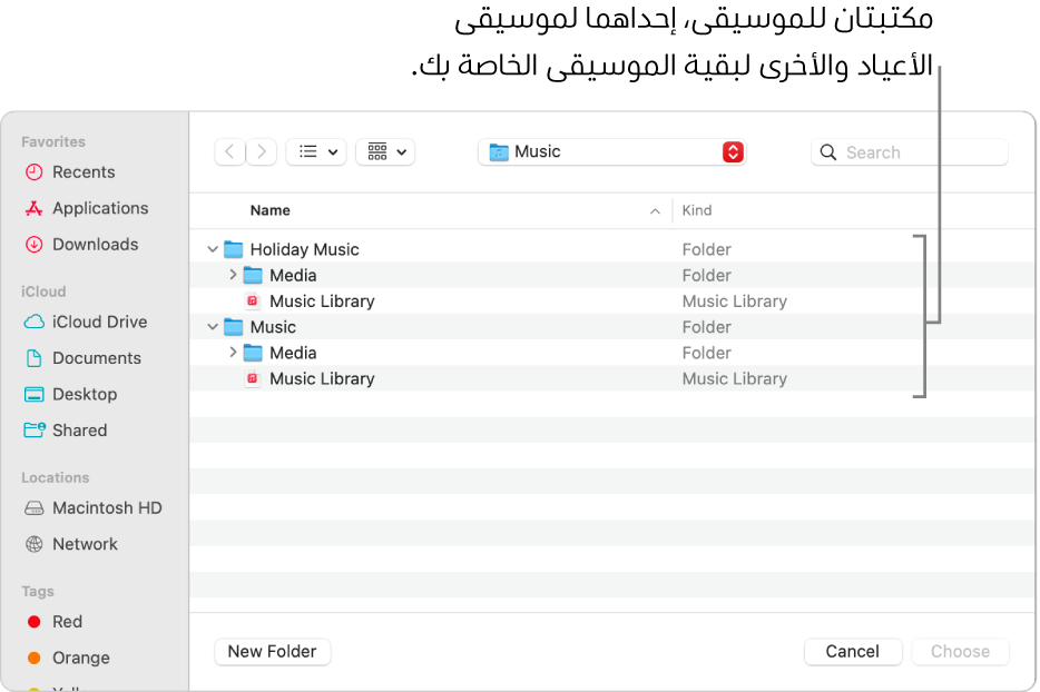 تعرض نافذة فايندر العديد من المكتبات—واحدة لموسيقى العطلات والأخرى لبقية الموسيقى.