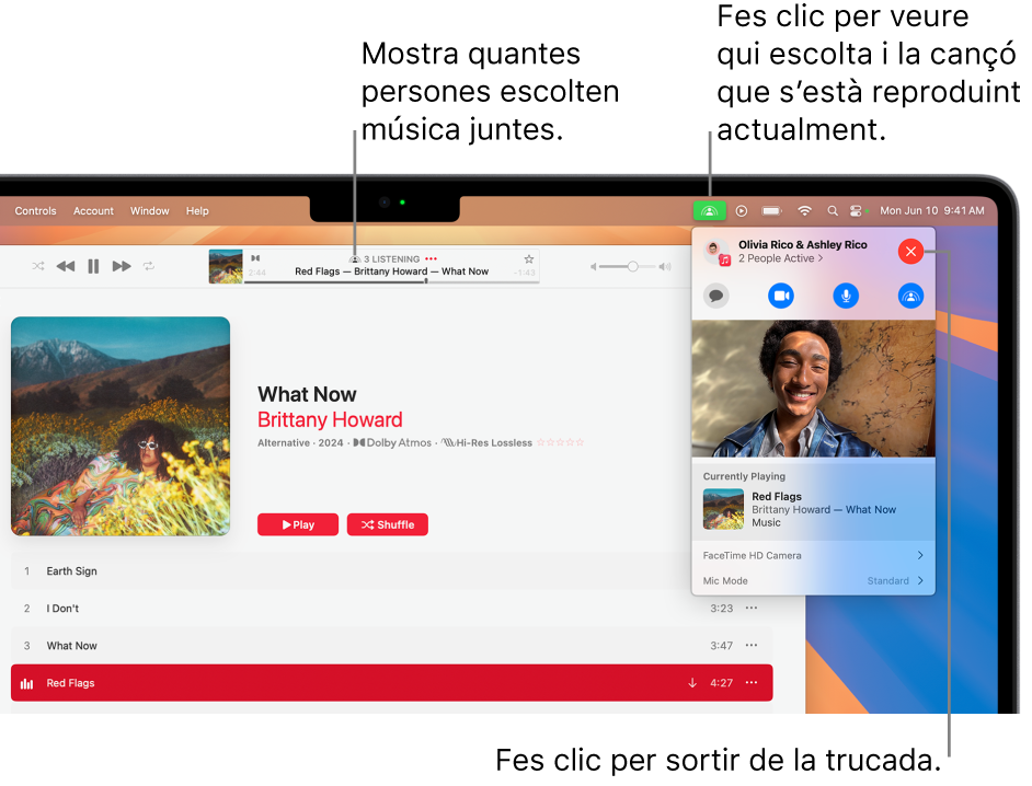 La finestra de l’Apple Music amb una cançó que es reprodueix mentre es fa servir el SharePlay. La finestra de reproducció mostra quantes persones estan escoltant música juntes. A la dreta, la icona del SharePlay apareix seleccionada i es mostra qui està escoltant la cançó que s'està reproduint. A la dreta pots fer clic al botó “Tancar”.