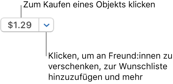 Eine Taste mit einer Preisangabe. Klicke auf den Preis, um das Objekt zu kaufen. Klicke auf den Pfeil neben dem Preis, um das Objekt einem:einer Freund:in zu schenken, es zur Wunschliste hinzuzufügen und mehr.