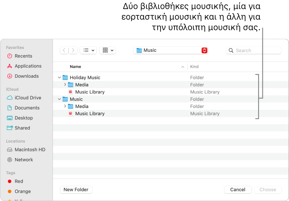 Το παράθυρο του Finder όπου εμφανίζονται πολλαπλές βιβλιοθήκες—μία για εορταστική μουσική και η άλλη για την υπόλοιπη μουσική σας.