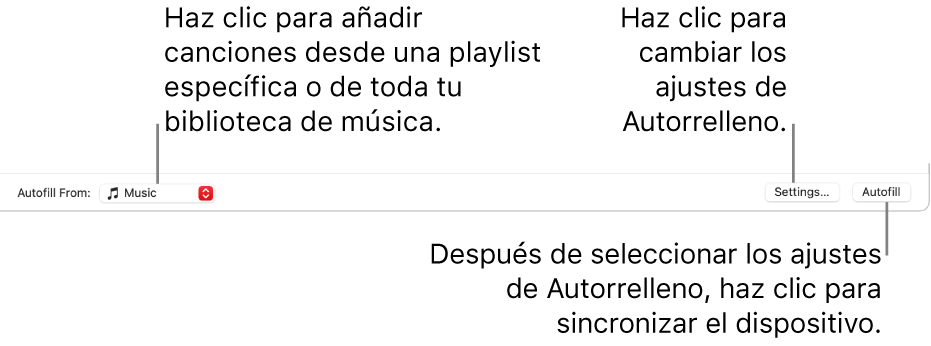 Las opciones Autorrellenar en la parte inferior de la ventana Música. En el extremo izquierdo se encuentra el menú desplegable “Autorrellenar con”, donde puedes elegir entre añadir canciones de una lista de reproducción o de toda la biblioteca. En el extremo derecho hay dos botones: Ajustes, para cambiar varias opciones de autorrelleno, y Autorrellenar. Al hacer clic en Autorrellenar, el dispositivo se llena con las canciones que cumplen los criterios establecidos.