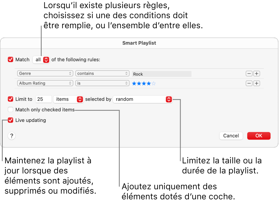 La zone de dialogue « Playlist intelligente » : Dans le coin supérieur gauche, sélectionnez Inclure, puis indiquez les critères de la playlist (comme Genre ou Classement). Continuez d’ajouter ou de supprimer des règles en cliquant sur le bouton Ajouter ou Supprimer en haut à droite. Sélectionnez différentes options dans la partie inférieure de la zone de dialogue, comme la limitation de la taille ou de la durée d’une playlist, l’utilisation exclusive des éléments cochés ou la mise à jour de la playlist par Musique lorsque votre bibliothèque est modifiée.