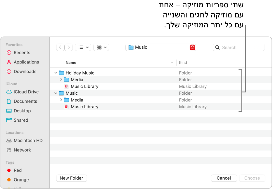 חלון Finder המציג מספר ספריות; אחת עבור מוזיקה לחגים והשנה עבור שאר המוזיקה שלך.