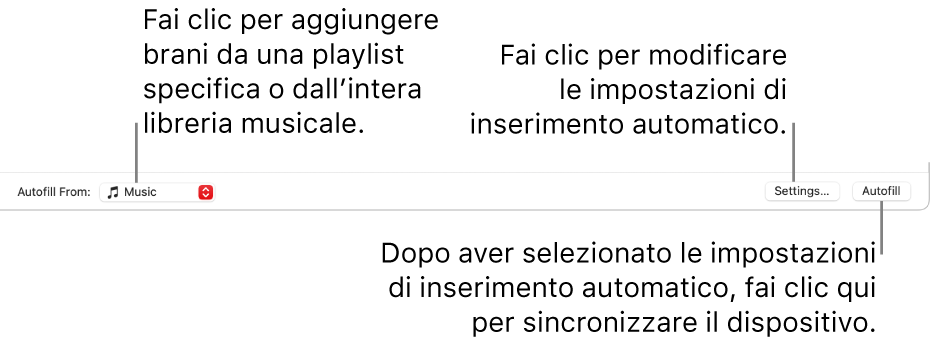 Opzioni di riempimento automatico nella parte inferiore della finestra Musica. All’estrema sinistra è presente il menu a comparsa Sorgente in cui puoi scegliere se aggiungere brani da una playlist o dall’intera libreria. All’estrema destra sono presenti due pulsanti: Impostazioni, per modificare varie opzioni per il riempimento automatico, e “Riempi automaticamente”. Se fai clic su “Riempi automaticamente”, il dispositivo viene riempito con i brani che corrispondono ai tuoi criteri.