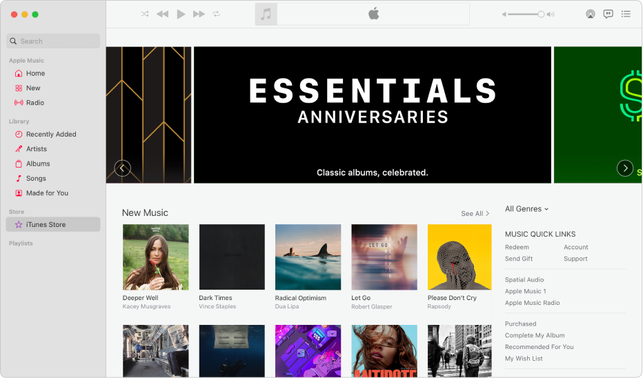 Finestra principale di iTunes Store: iTunes Store è evidenziato nella barra laterale.