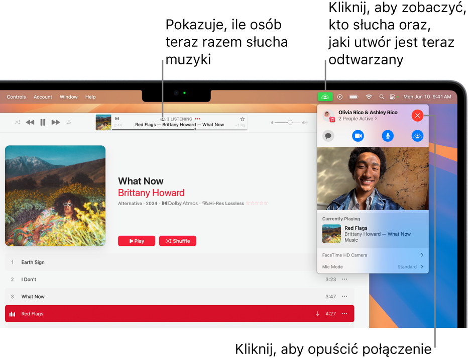 Okno Apple Music z utworem odtwarzanym przy użyciu SharePlay. W oknie odtwarzania widać, ile osób razem słucha muzyki. Po prawej klikamy w ikonę SharePlay i można zobaczyć, kto obecnie słucha, oraz tytuł utworu. Po prawej możesz kliknąć w przycisk zamykania.