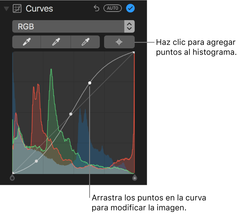 Los controles de Curvas en el panel Ajustar, que muestra el botón “Añadir puntos” en la esquina superior derecha y el histograma en RGB debajo.